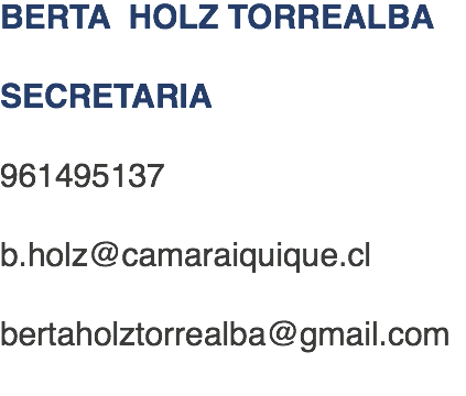 BERTA HOLZ TORREALBA SECRETARIA 961495137 b.holz@camaraiquique.cl bertaholztorrealba@gmail.com 